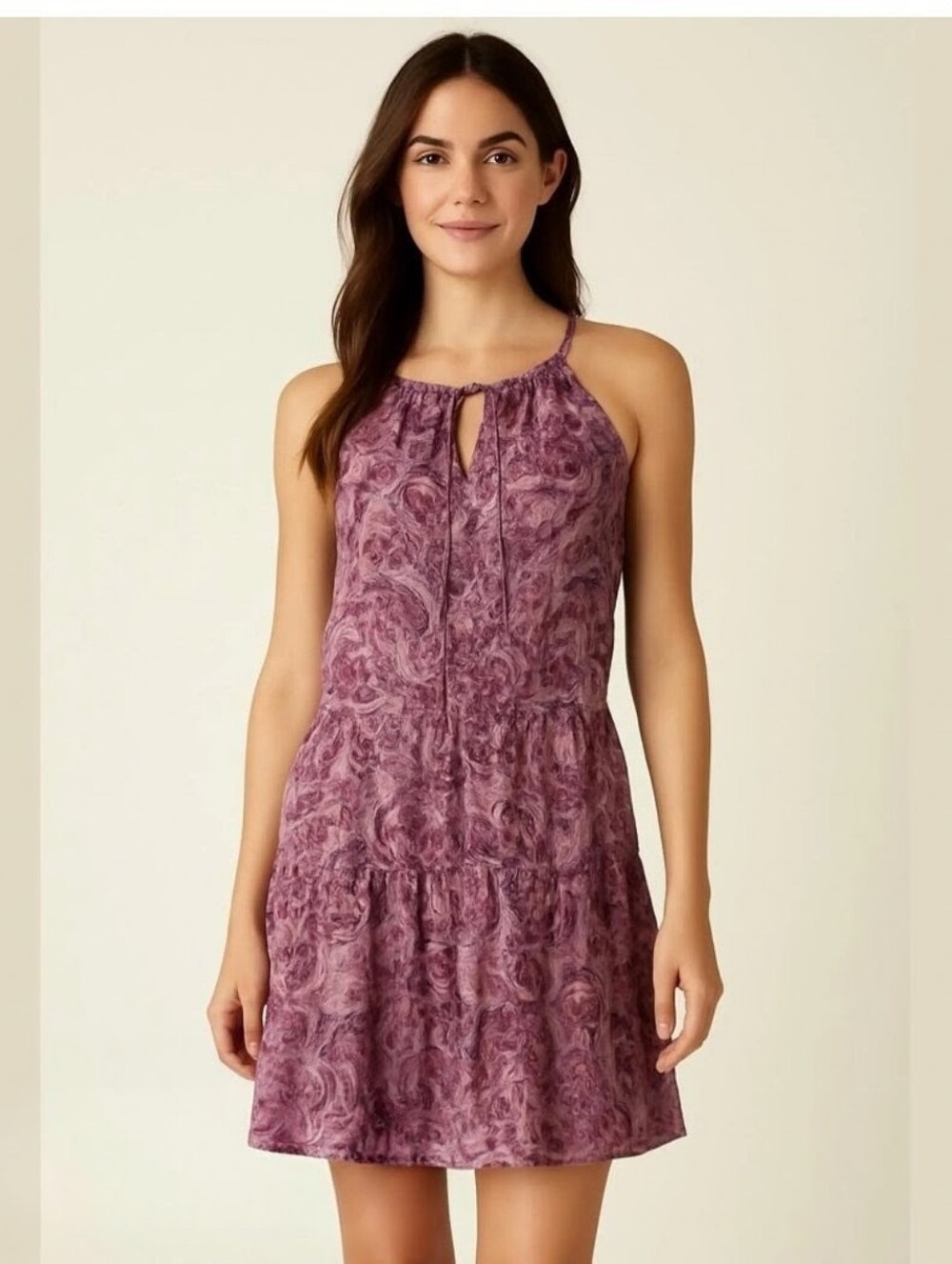 Drew Purple Paisley Print Sleeveless Tiered Halter Mini Dress Size Large